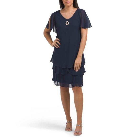 MARINA Navy Multi Crystal Teardrop Chiffon Mini Dress - Picture 1 of 2